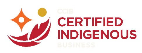 Logo with orange and yellow abstract shapes resembling a feather and the sun, next to the text “CCIB Certified Indigenous Business” in capital letters.