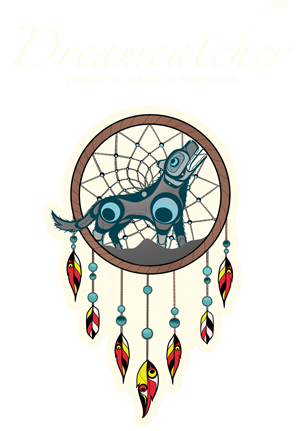 Illustration of a dreamcatcher with a stylized wolf howling inside, decorated with colorful feathers and beads. The text above reads "Dreamcatcher Holistic Health Services".